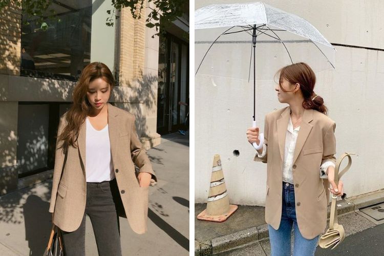 mix đồ đi đám cưới với quần jean cùng áo blazer