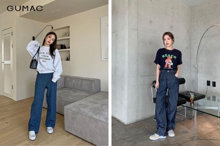 Mix giày sneaker cùng quần ống rộng