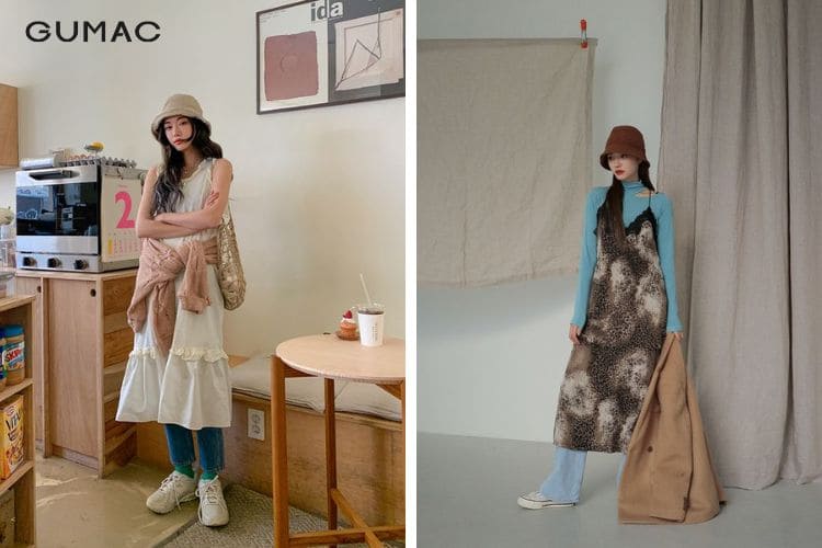 Mix váy hoa + Quần jean cùng với giày sneaker