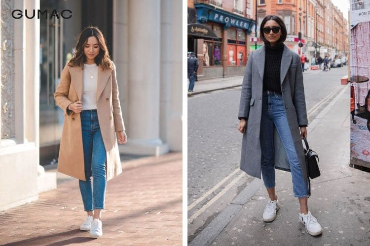 Phối áo khoác dạ và quần jeans skinny với sneaker