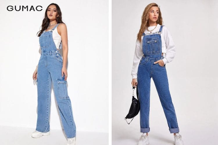 Phối giày sneaker với áo thun + yếm denim