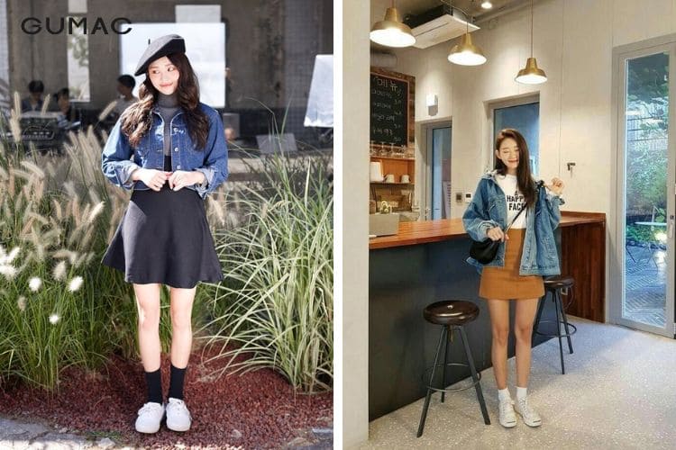Phối giày thể thao cùng chân váy + áo khoác denim