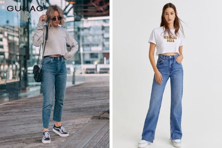 Phối quần ống loe cùng sneaker và áo croptop