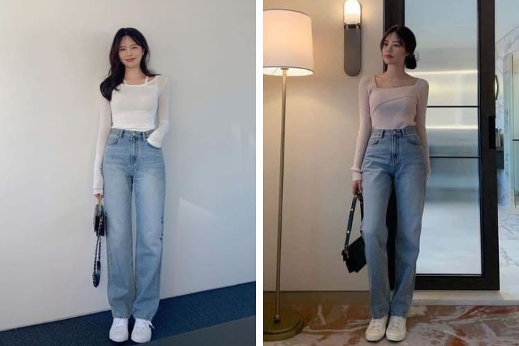 mông lép chân nhỏ mặc quần gì phối quần jean cạp cao ống rộng