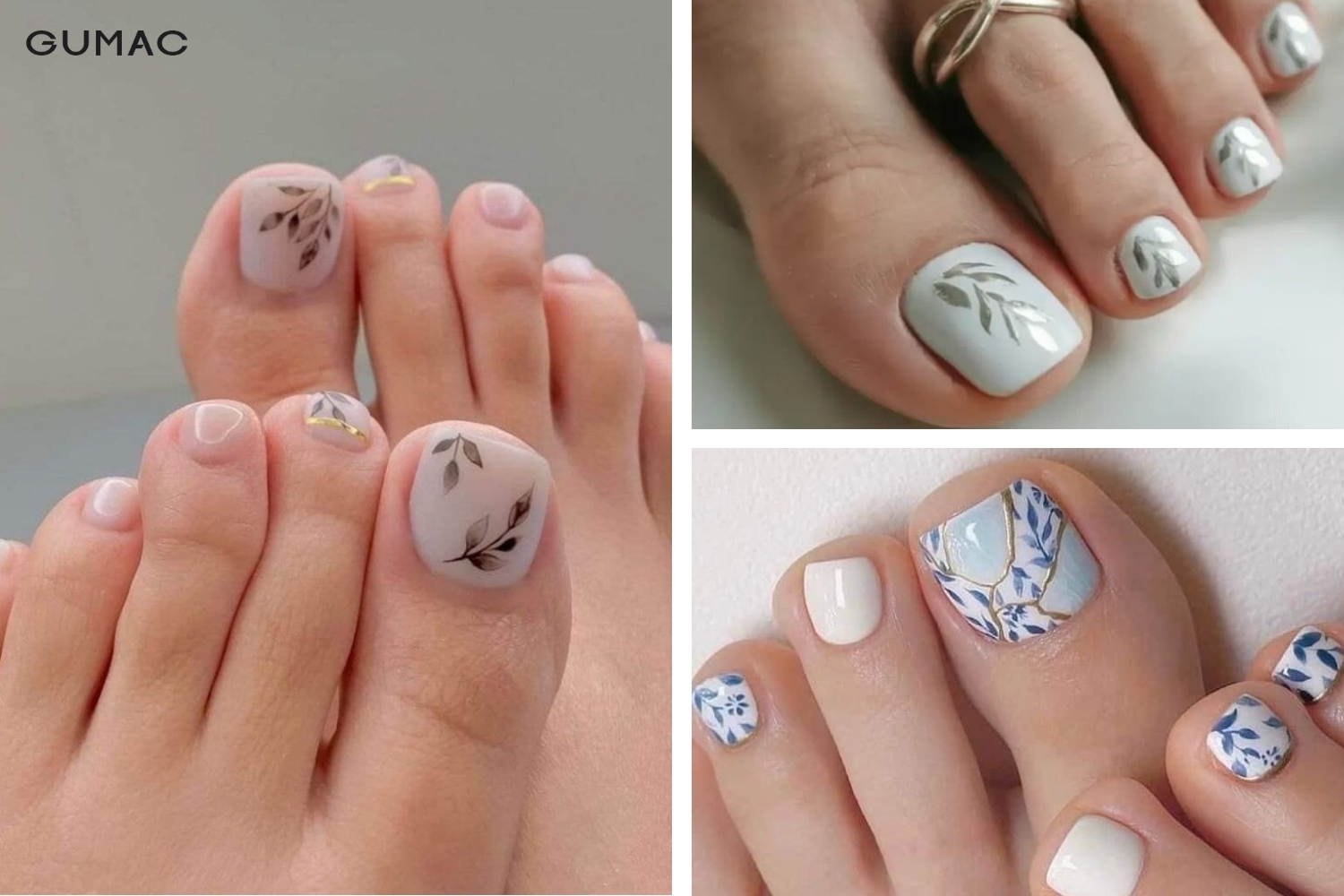 mau nail chan mau trang ve hoa tiet la