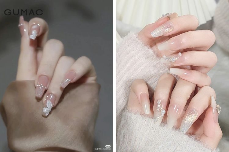 Kiểu nail hồng ánh nhũ bắt mắt
