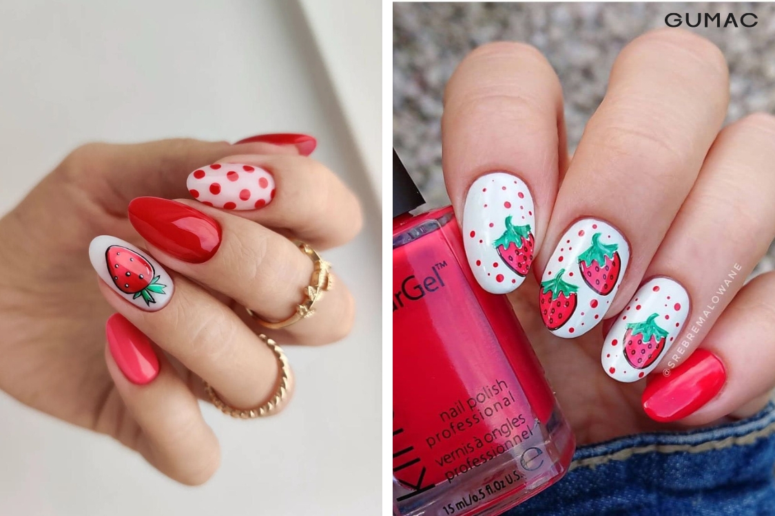 mau ve nail trai cay phoi hoa tiet cham bi