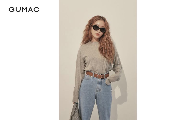 Dây nịt nữ màu da bò phối quần ống rộng vintage