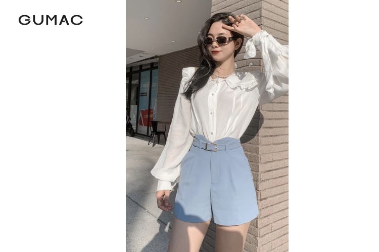 Dây thắt lưng nữ màu xanh mix quần short áo sơ mi kiểu
