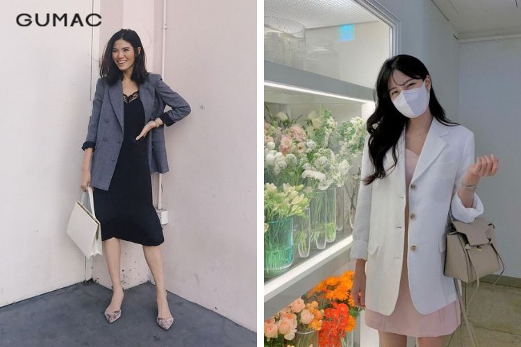 Áo khoác dài + Đầm suông