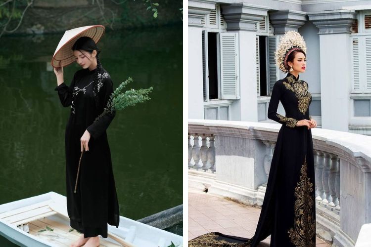 áo dài màu đen đẹp sang trọng có hoa văn