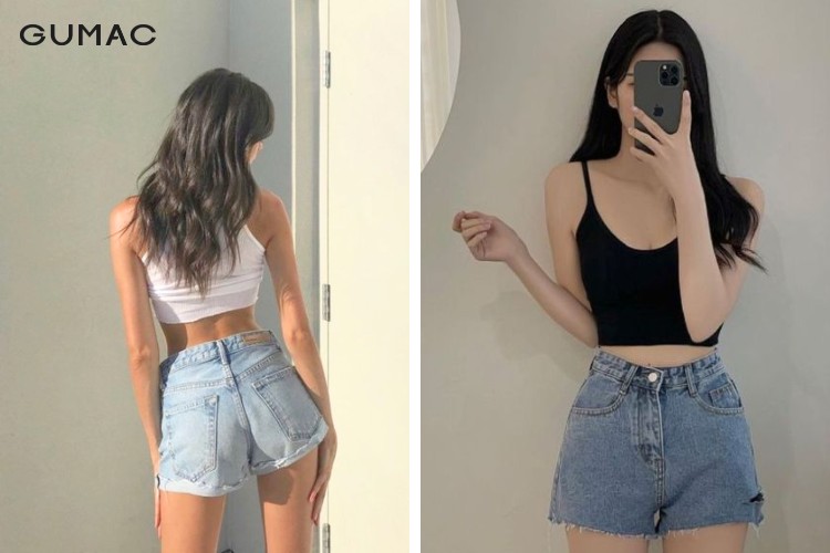 Mix áo hai dây croptop với quần short cá tính Mix áo hai dây croptop với quần short cá tính