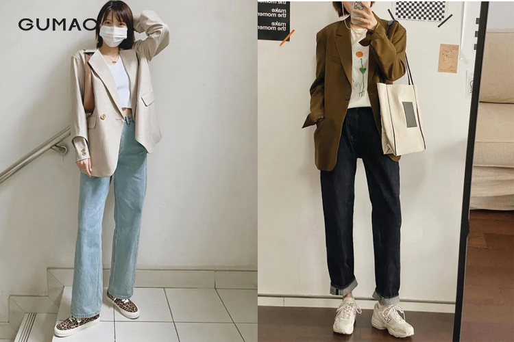 Combo quần jean áo blazer mix áo thun và giày sneaker Combo quần jean áo blazer mix áo thun và giày sneaker