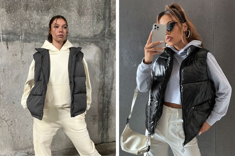 Áo hoodie phối áo gile và quần ống rộng