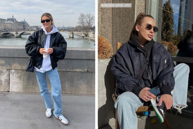 Áo hoodie phối với áo khoác bomber và quần ống rộng