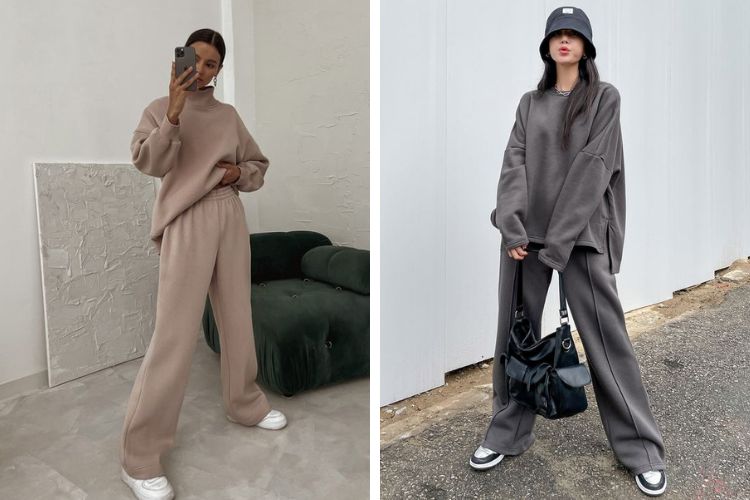 Áo hoodie không mũ với quần ống rộng