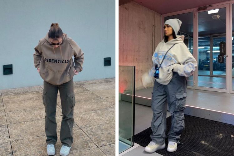 Áo hoodie với quần ống rộng túi hộp