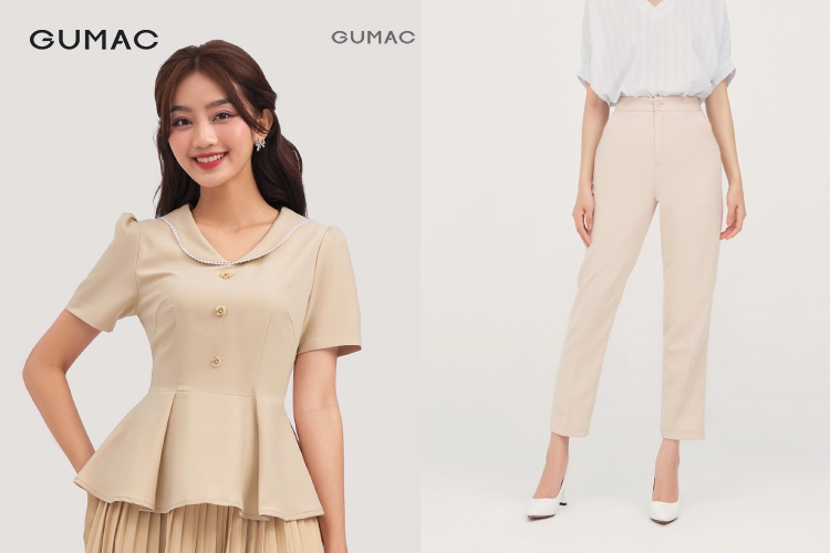 Phối áo sơ mi tay ngắn nữ dáng peplum với quần tây