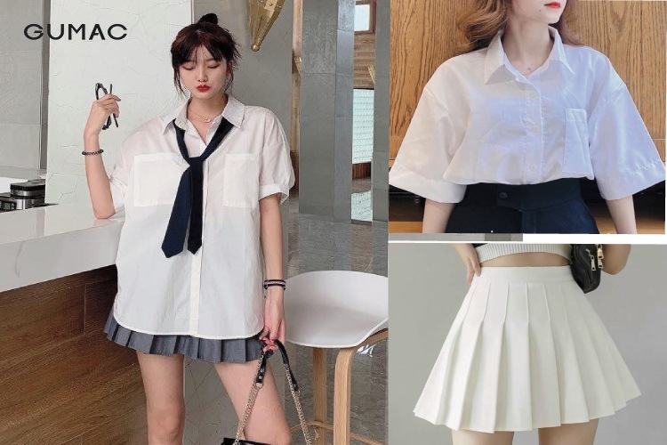 Bộ đôi sơ mi cộc tay nữ form rộng và chân váy tennis