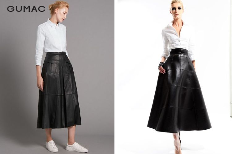 Áo sơ mi với chân váy da