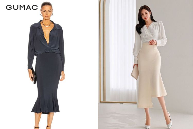 Áo sơ mi với chân váy đuôi cá