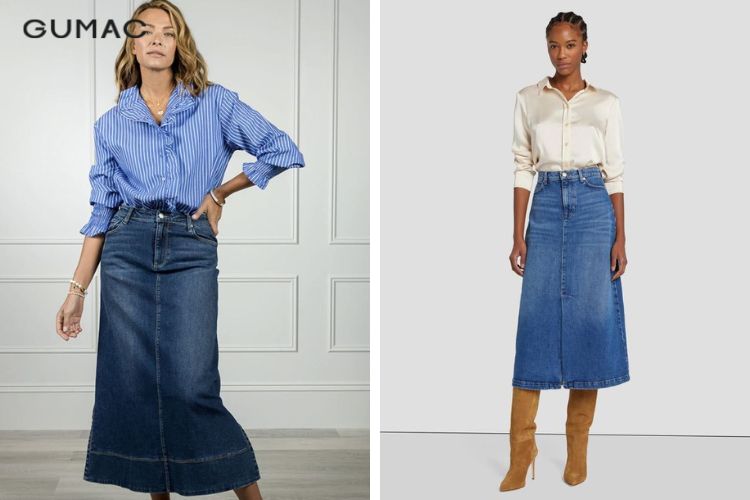 Chân váy jean kết hợp với áo sơ mi