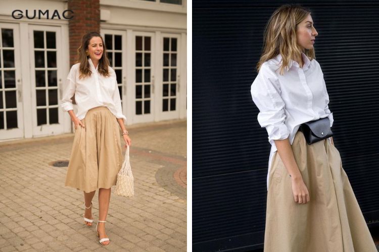 Áo sơ mi với chân váy kaki