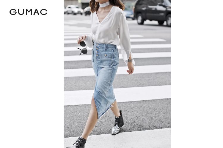 áo voan mix chân váy jean xẻ tà cực xinh