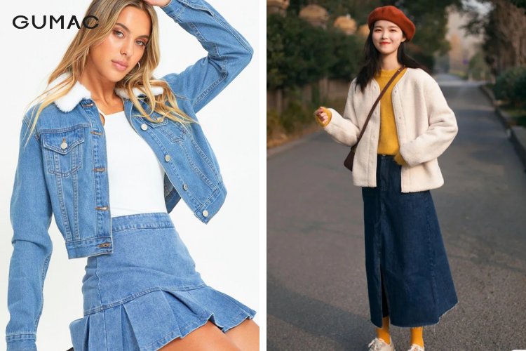 Mix chân váy jean cùng áo khoác nữ bằng lông