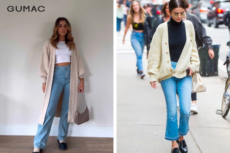 Quần jean hoặc váy kết hợp áo cardigan