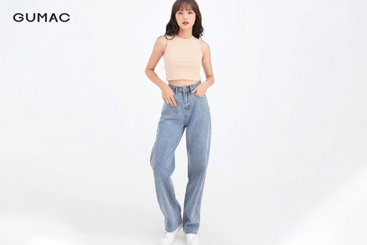 Quần jean ống rộng phối áo croptop