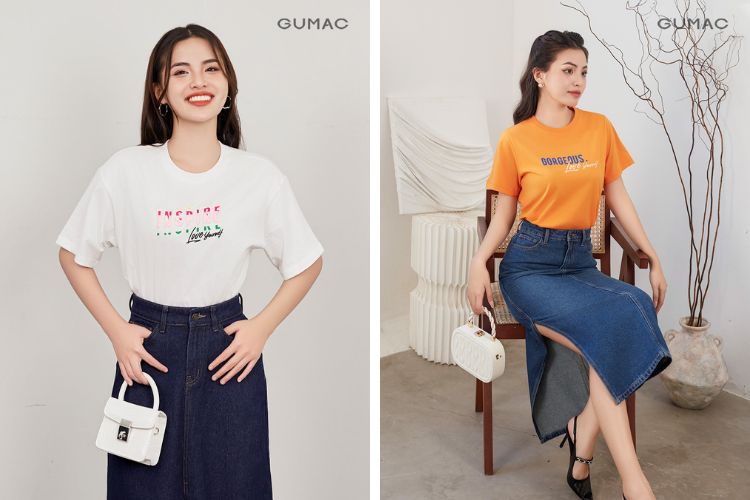 Áo thun mix với chân váy denim