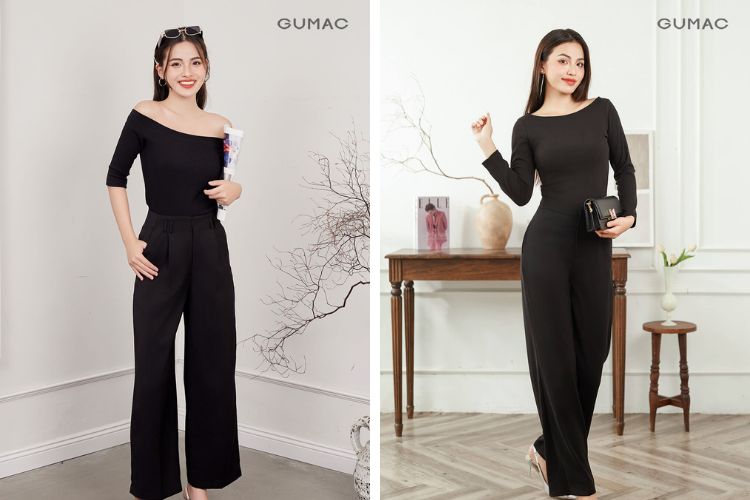 Quần baggy mix với áo trễ vai