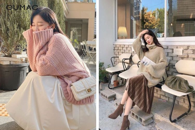 Chân váy midi và áo len th�ừng Chân váy midi và áo len thừng