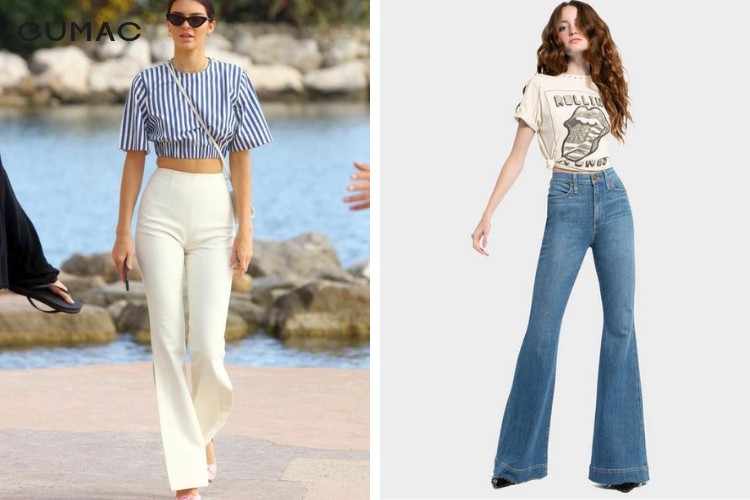 Mặc áo croptop tay ngắn cùng quần ống loe phong cách