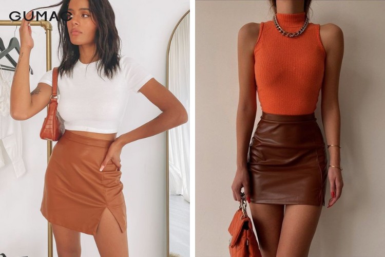 Phối áo croptop tay ngắn và chân váy da sang trọng