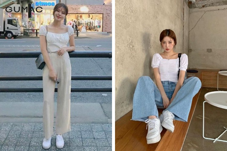 Thời trang áo croptop tay ngắn cùng quần ống rộng