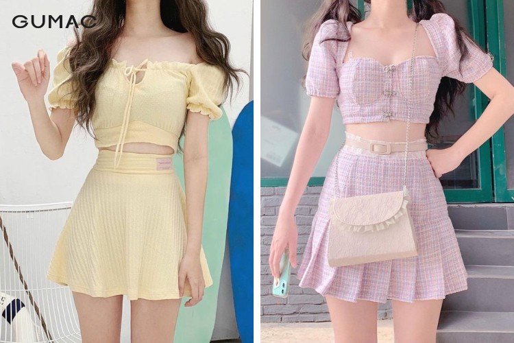 Ton sur ton set váy và áo croptop tay ngắn đẹp