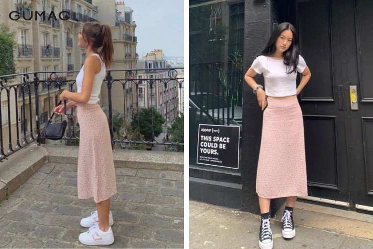Phối áo croptop tay ngắn cùng chân váy midi Hàn Quốc
