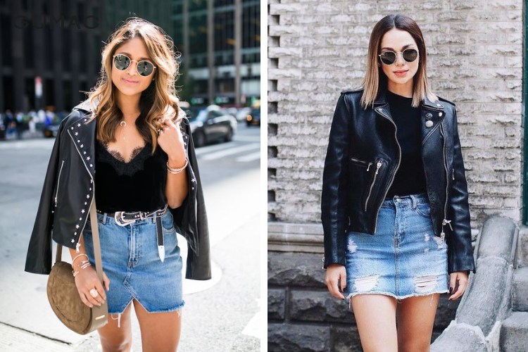 Phối đồ với áo khoác da cùng chân váy jean thời thượng