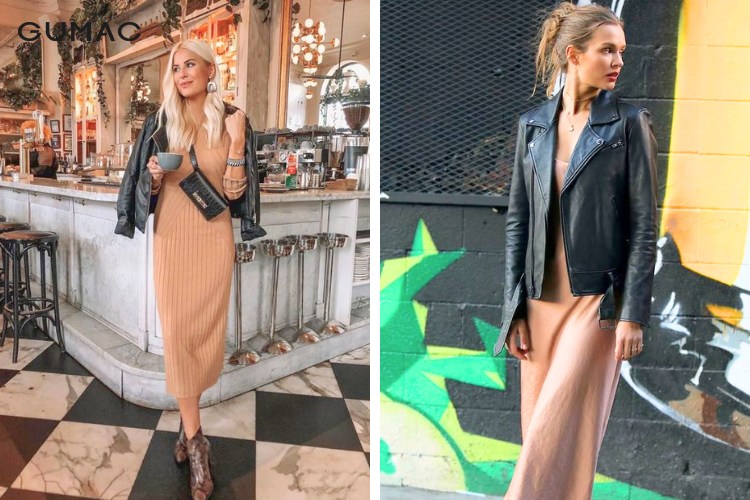 Phối đồ với áo khoác da cùng đầm ôm quyến rũ