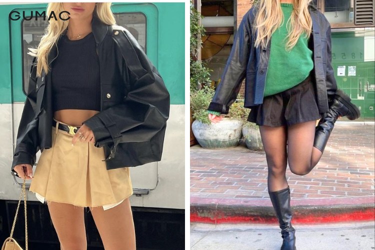 Diện áo khoác da cùng chân váy xếp ly nữ tính