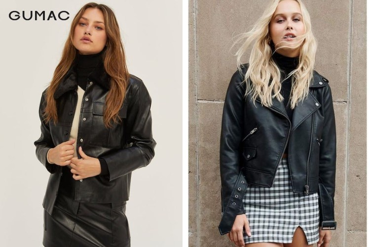 Chân váy chữ A và áo len cổ V mix cùng áo khoác da