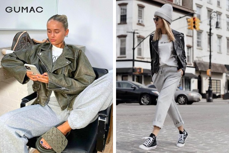 Thời trang năng động áo khoác da cùng quần jogger