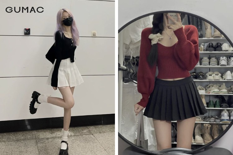 Mix áo len croptop cùng chân váy xòe nữ tính Mix áo len croptop cùng chân váy xòe nữ tính