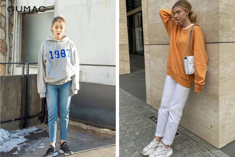 Áo nỉ và quần jeans dài dáng ôm Áo nỉ và quần jeans dài dáng ôm