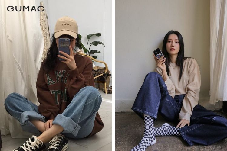 Áo nỉ và quần jeans ống rộng Áo nỉ và quần jeans ống rộng