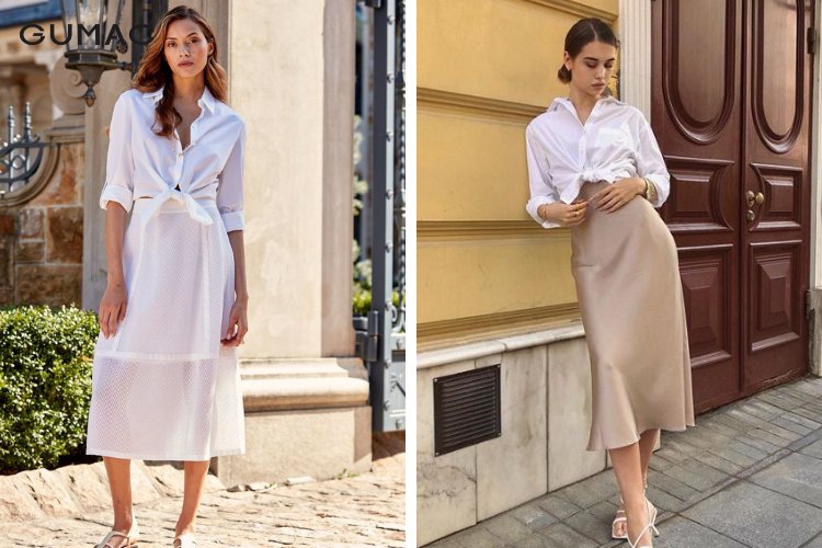 áo sơ mi buộc vạt phối với chân váy midi