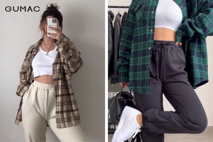 Mix áo caro cùng quần jogger