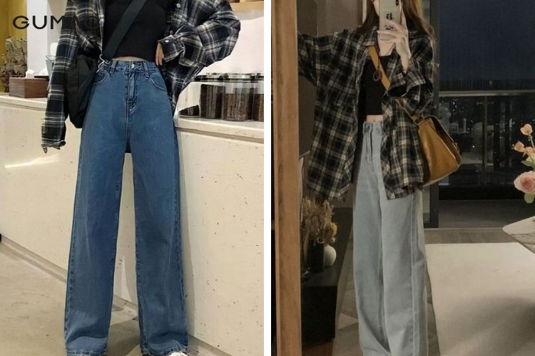 Mix áo sơ mi caro cùng quần ống rộng